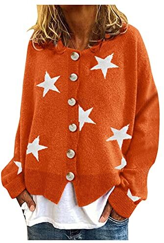 Generic Cardigan da donna caldo con stampa margherita a maniche lunghe con scollo a V, elegante maglione top cardigan da donna taglie forti (03D-arancione, S)