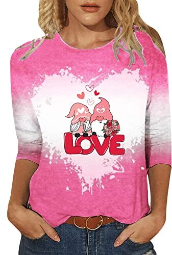 Generic Maglia casual da donna con maniche a tre quarti, maglietta girocollo casual, San Valentino, amore, camicetta stampata, top a tunica, top nero da donna stretto (nero, XL)