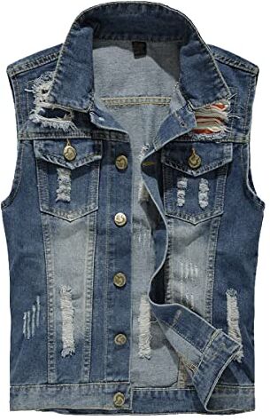 Kelmon Giacca Denim Uomo Gilet per Vintage Strappato Gilet di Jeans da Uomo Senza Maniche Giacca Jeans Capispalla