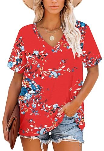 NARRAME Top Estivi da Donna T-Shirt Floreale Blu Rossa T-Shirt da Donna a Maniche Corte con Scollo a V per la Palestra M