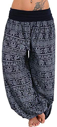 Frolada Pantaloni da yoga da donna, in cotone, stile boho, stampa elefante, a vita bassa, pantaloni lunghi, larghi e larghi, blu navy, XXL