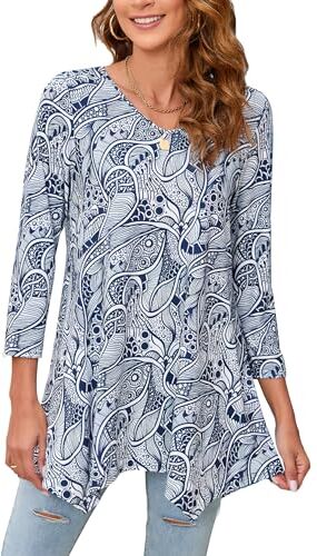 Enmain Maglietta Donna Tunica Scollo V Maniche a 3/4 Top Maglia Manica Lunga Taglie Forti Magliette Donna Elegant Camicetta con Stampata,Blu e Bianco,XL…