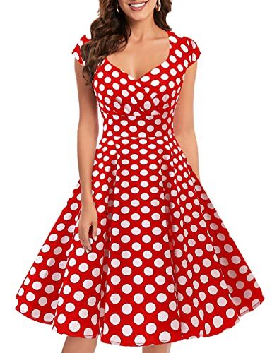 Bbonlinedress Women's Vintage 1950s cap Sleeve Rockabilly Cocktail Dress Multi-Colored Red White Big DOT 2XL