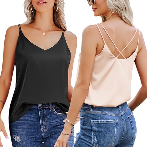 Ekouaer Canotta Donna Maglia Intima Donna Magliette Top Canottiere Estate Donna Senza Maniche Moda Camicetta Top in Raso T-Shirt Top, Black+Champagne, M