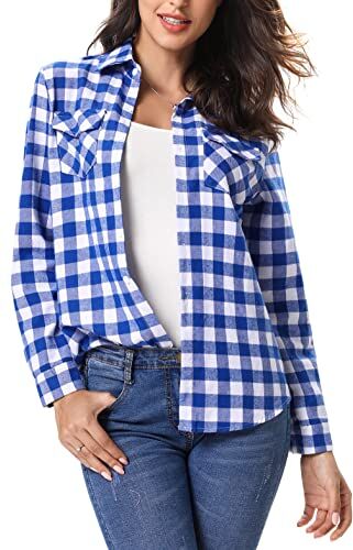 Irevial Camicia Donna Casual Camicia a Quadri Camicetta in Cotone a Manica Lunga Elegante Bluse a Bottoni Classico Shirts Moda Blu+Bianco XXL