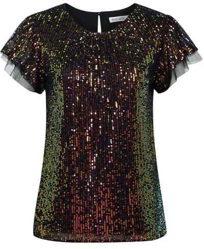 GRACE KARIN Top con Paillettes da Donna UK Manica Corta Balza Girocollo Glitter Sciolto Festa Cena Club Gite Tempo Libero Camicie, Nero colorato, L