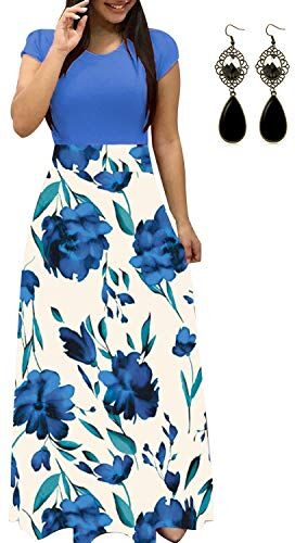 UUAISSO Donna Vestiti Eleganti Lunghi Floreale Casuale Abito Maxi Manica Corta Abiti Vestito da Cocktail Banchetto Sera D-Blu-Manica Corta S