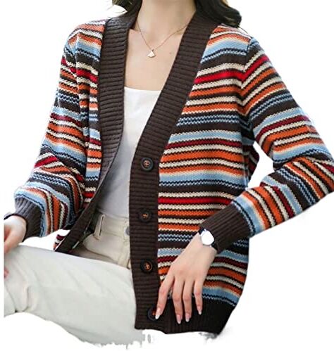 SUKORI Maglione Da Donna Maglione semplice da donna Cardigan monopetto O-Collo Cardigan lavorato a maglia casual femminile a righe Abbigliamento donna (Color : Schwarz, Size : XXXL)