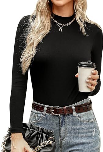 Aottori Maglia Donna Cotone Maglietta Collo Alto Lupetto Manica Lunga Dolcevita Aderente Sottogiacca Invernale Basic Top Elegante Nero XXL