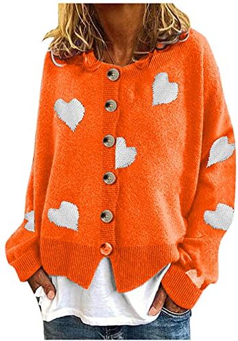 Generic Cardigan da donna caldo con stampa margherita a maniche lunghe con scollo a V, elegante maglione top cardigan da donna taglie forti (03A-arancione, S)