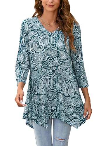 Enmain Maglietta Donna Manica Lunga Tunica Scollo V Maniche a 3/4 Top Maglia Taglie Forti Magliette Donna Elegant Camicetta con Stampata,Acqua,M