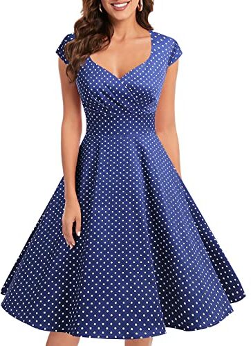 Bbonlinedress Women's Vintage 1950s cap Sleeve Rockabilly Cocktail Dress Multi-Colored Navy Small White DOT XL