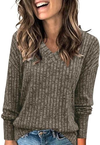 ABYOVRT Maglioni da Donna Scollo a V Pullover a Maniche Lunghe Girocollo Signore Tunica Tops Leggero Loose Morbido Sweatshirts Invernale Elegante T-Shirt Casual Felpa Moda Bluse,Khaki,M