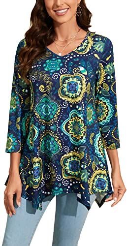 Enmain Maglietta Donna Tunica Scollo V Maniche a 3/4 Top Maglia Manica Lunga Taglie Forti Magliette Donna Elegant Camicetta con Stampata,Blu e Verde,S