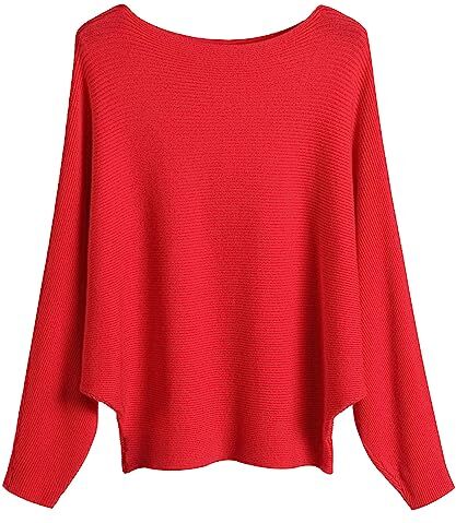 FULIER Maglione Dolman da donna, con maniche a pipistrello e scollo a barchetta, lavorato a maglia, vestibilità ampia, taglia unica, Rosso, Taglia unica