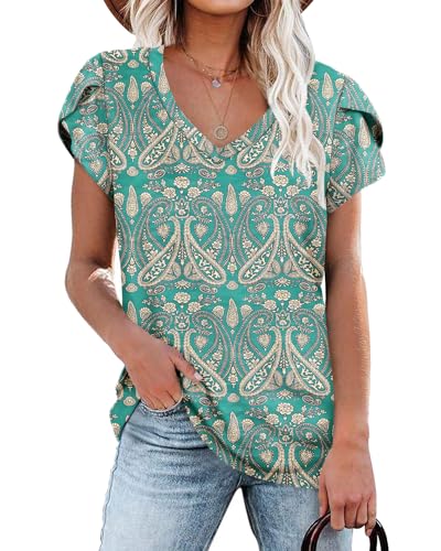 NARRAME T-Shirt da Donna Boho Flora Verde Top Estivi T-Shirt da Donna a Maniche Corte con Scollo a V per la Palestra M