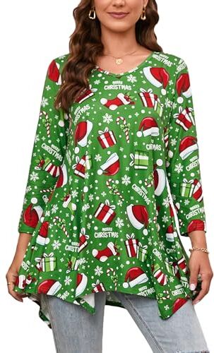 Enmain Maglietta Donna di Natale Top Tunica Scollo V Maniche a 3/4 Top Maglia Manica Lunga Taglie Forti Magliette Lungo Camicetta con Stampata,Natale Verde,3XL