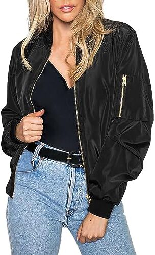 Zeagoo Bomber da donna casual corto da pilota a maniche lunghe con chiusura lampo tinta unita leggero per autunno e primavera Nero 1 XXL