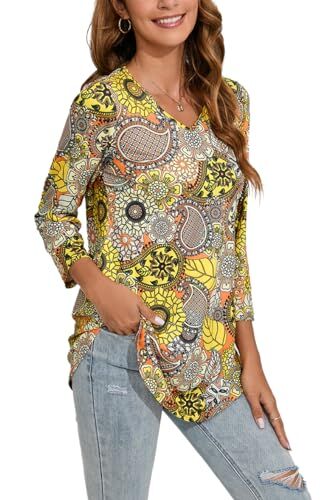 Enmain Donna Maglietta Tunica Scollo V Maniche a 3/4 Top Maglia Manica Lunga Taglie Forti Magliette con Stampata Elegant Autunno Inverno Slim Fit T Shirt,Giallo,M