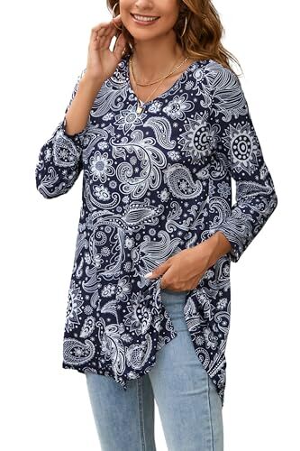 Enmain Maglietta Donna Manica Lunga Tunica Scollo V Maniche a 3/4 Top Maglia Taglie Forti Magliette Donna Elegant Camicetta con Stampata,Blu Marino,3XL