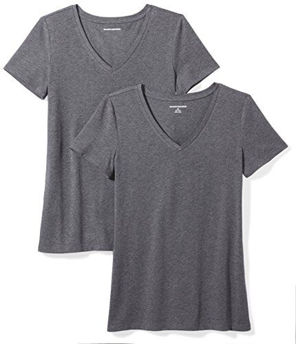Amazon Essentials T-Shirt con Scollo a v a Maniche Corte con vestibilità Classica Donna, Pacco da 2, Carbone Puntinato, XXL