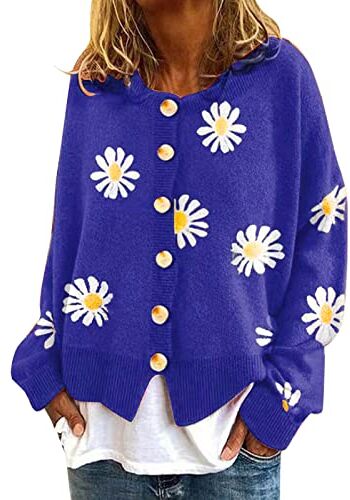 Generic Cardigan da donna con stampa margherita a maniche lunghe con scollo a V, elegante, cardigan da donna taglie forti (03E-blu, XL)