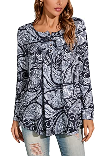 Enmain Top a Tunica Casual da Donna Floreale Nero Tunica Ampia Manica Lunga a Pieghe da Donna Top a Pieghe Camicetta abbottonatura Scollo a V Plus Size Tunica t-Shirt per Donna S