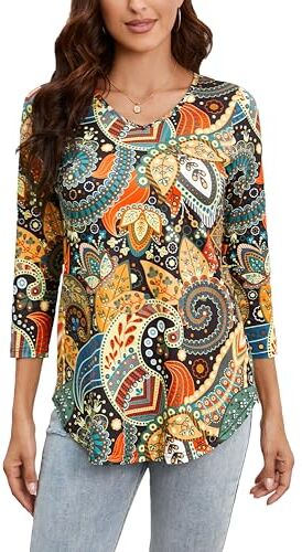 Enmain Donna Maglietta Tunica Scollo V Maniche a 3/4 Top Maglia Manica Lunga Taglie Forti Magliette con Stampata Elegant Autunno Inverno Slim Fit T Shirt,Multicolore 2,2XL