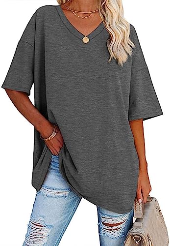 WINKEEY Maglietta da Donna Oversize Estiva a Manica Corta con Scollo a V Allentata t Shirt Basic Tee, girgio Scuro L