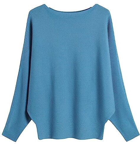 FULIER Maglione Dolman da donna, con maniche a pipistrello e scollo a barchetta, lavorato a maglia, vestibilità ampia, taglia unica, Blu, Etichettalia unica