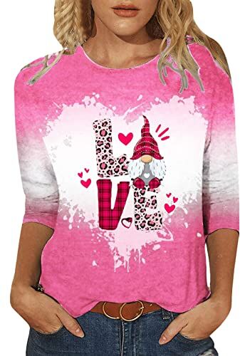 Generic Maglia casual da donna con maniche a tre quarti, maglietta girocollo casual, San Valentino, amore, camicetta stampata, top a tunica, top nero da donna stretto (rosso, S)