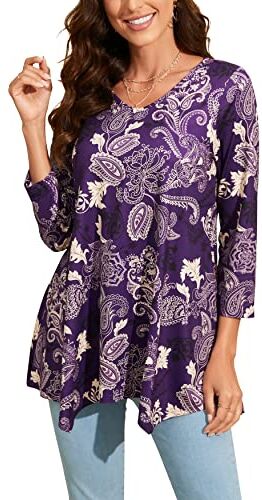 Enmain Maglietta Donna Tunica Scollo V Maniche a 3/4 Top Maglia Manica Lunga Taglie Forti Magliette Donna Elegant Camicetta con Stampata,Viola 2,S