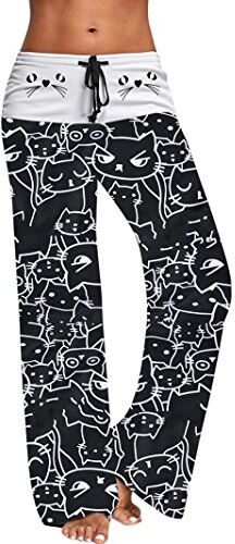 KEERADS Gamba larga pantaloni a zampa,  donna vita alta casual Cat stampa elasticizzato con coulisse pantaloni leggings nero Nero S