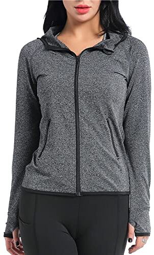 AMZSPORT Donna Felpa Sportiva Manica Lunga Giacca con Cappuccio con Zip Slim Fit con Fori per i Pollici e Tasche Laterali Grigio M