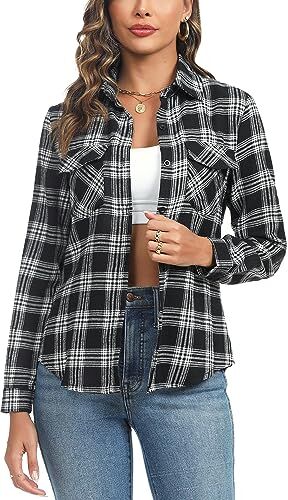 Irevial Camicetta Donna Camicia a Quadri Cotone Elegante Blusa Maniche Lunghe Casual Boyfriend Camicie Flanella Shirt