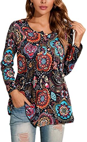 Enmain Tunica Casual da Donna Top Floreale Manica Lunga Pieghettato da Donna Top Altalena Camicetta Allentata Bottoni Up Scollo a V Tunica T Shirt Taglie Forti per Donna Nero S