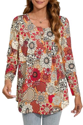 Enmain Tunica da Donna a Maniche Lunghe Taglie Forti Camicetta a Tunica da Donna Casual Camicetta a Tunica con Bottoni Allentati Camicetta da Donna con Stampa Floreale,L1-Rosso/Grigio,2XL