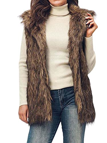 Handcess Gilet da donna in pelliccia sintetica Marrone Cappotto corto senza maniche Giacca Inverno Caldo Gilet con colletto Outwear con tasche per Primavera Autunno e Inverno(M)