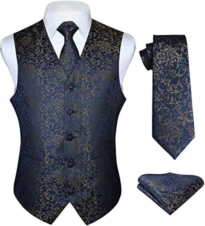 HISDERN Gilet da uomo Paisley floreale jacquard floreale cravatta tasca quadrata fazzoletto vestito set Blu navy