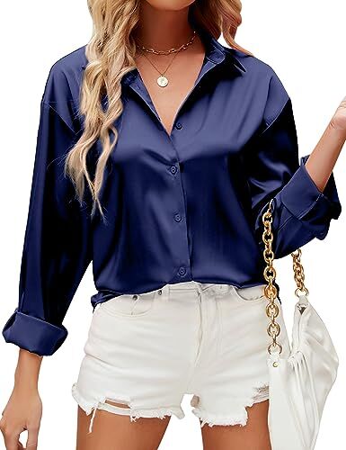 HANERDUN Camicia Donna Elegante Camicia Button Down in Raso di Seta Maglia a Tinta Unita Top