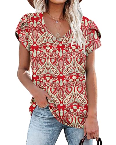 NARRAME T-Shirt da Donna Boho Flora Rosso Estate Maniche ad Aletta con Scollo a V Top da Donna L