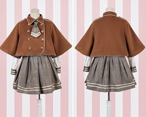 GABLOK Lolita Dress Mantello Vintage Preppy Chic Gonna Pieghe Camicia Bottoni Cravatta Stile Accademico Ragazze Dolce Carino Orso JK Uniform S Abito Marrone e mantello