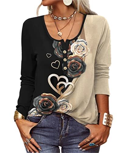 GRMLRPT Camicia Manica Lunga Maglia Donna Scollo a V T-Shirt Elegante Bluse Maglietta Donna Stampato Basic Tee Shirt(Nero,XXL)