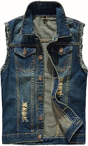 Kelmon Giacca Denim Uomo Gilet per Vintage Strappato Gilet di Jeans da Uomo Senza Maniche Giacca Jeans Capispalla