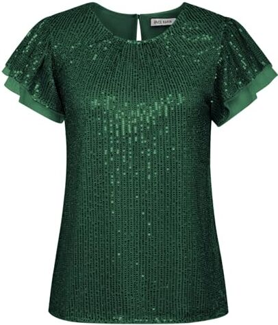 GRACE KARIN Top con paillettes da donna estate UK manica corta balza camicette camicie sciolte feste club Outing camicie, Verde scuro, S