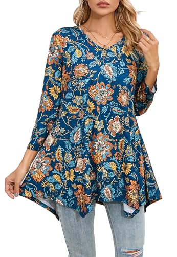 Enmain Maglietta Donna Tunica Manica Lunga Scollo V Top Tunica Maniche a 3/4 Maglia Taglie Forti Magliette Donna Elegant Camicetta con Stampata,Blu e Arancione,L