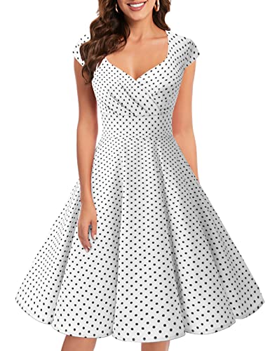 Bbonlinedress Women's Vintage 1950s cap Sleeve Rockabilly Cocktail Dress Multi-Colored White Small Black DOT XL