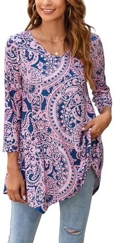 Enmain Maglietta Donna Manica Lunga Tunica Scollo V Maniche a 3/4 Top Maglia Taglie Forti Magliette Donna Elegant Camicetta con Stampata,Rosa e Blu,S