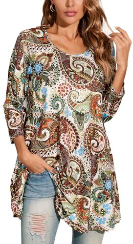 Enmain Magliette Donna Maniche Lunghe Tunica Manica 3/4 Bluse Elegante Stampata Casual Maglietta Lunga Collo Rotondo T-Shirt,Multicolore,4XL