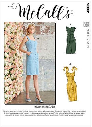 McCall's M8091E5 Misses>Dresses E5 (14-16-18-20-22) Abito da Donna con Bottoni sul Davanti. A: Senza Maniche. B: Cuciture e Tasche Applicate